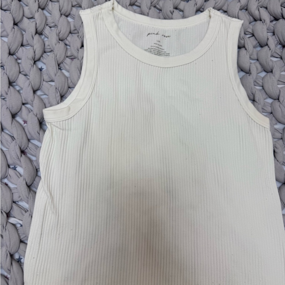Pink Rose Ribbed Sleeveless Tank Top - Cream
